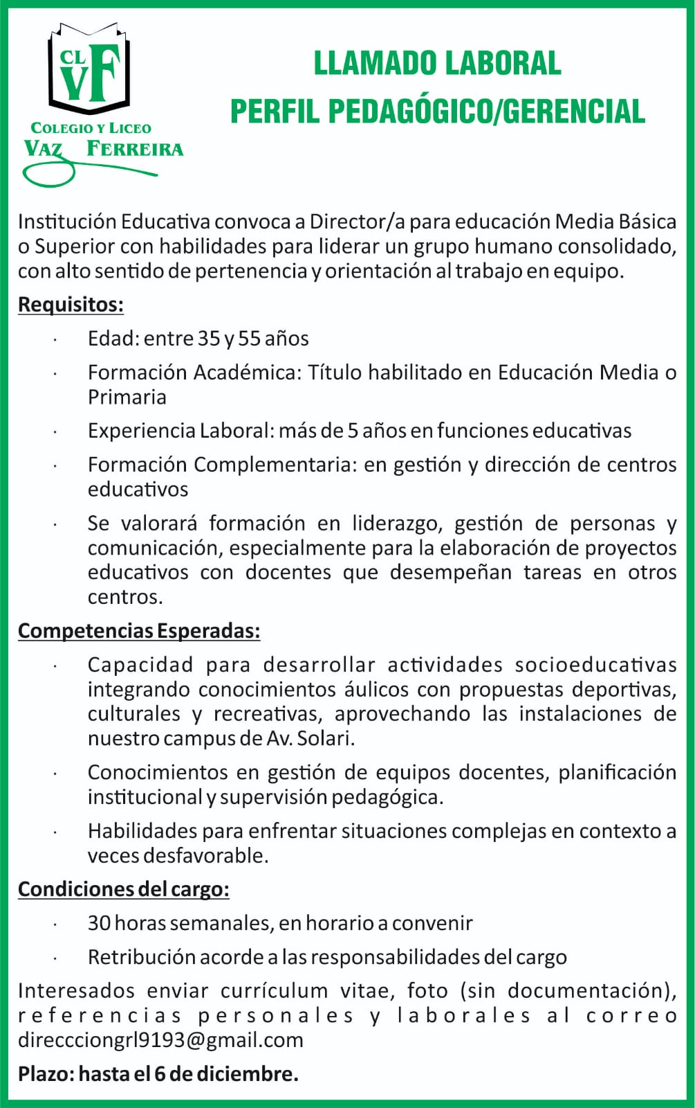 LLAMADO LABORA - PERFIL PEDAGÓGICO/GERENCIAL