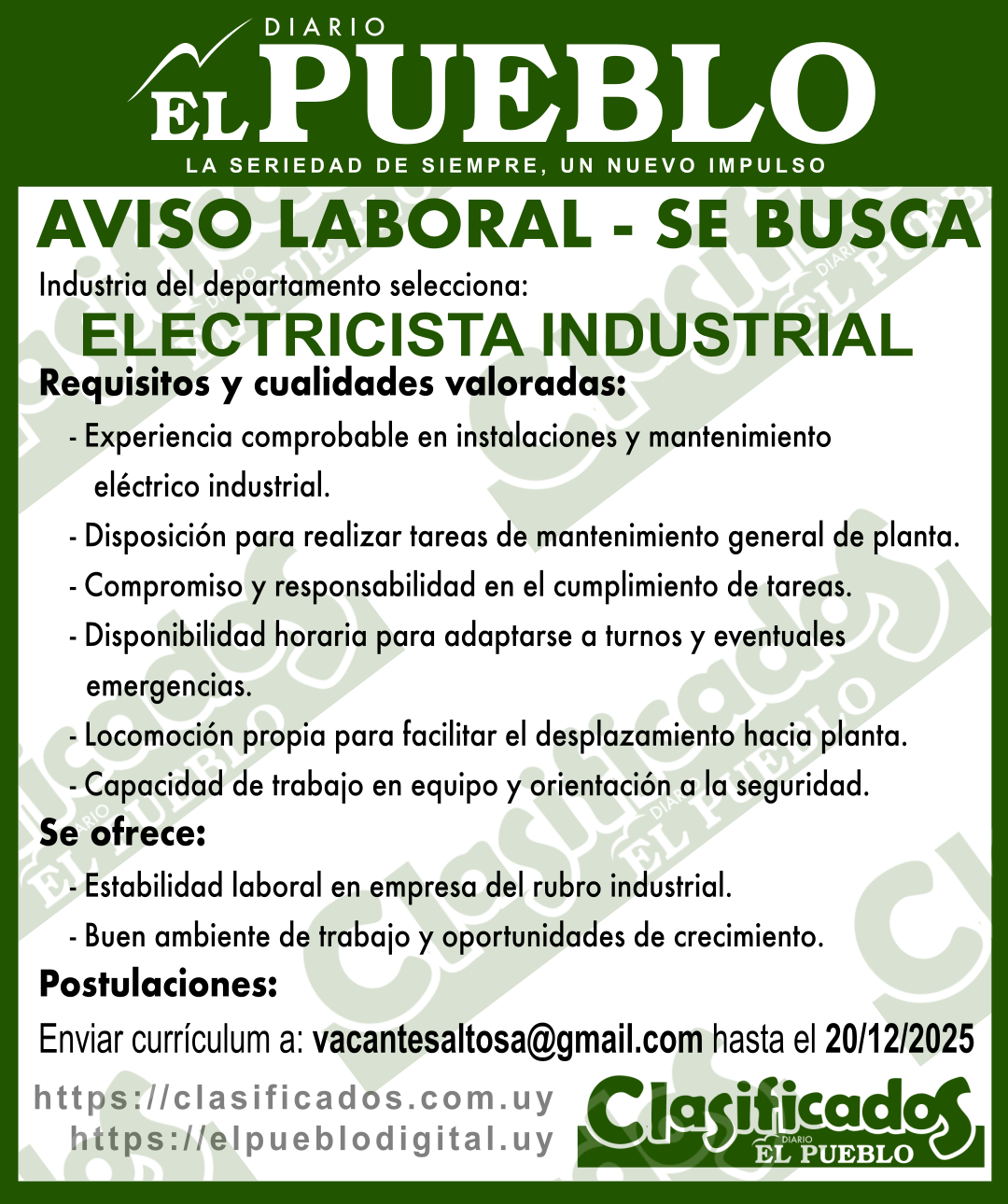 SE BUSCA ELECTRICISTA INDUSTRIAL